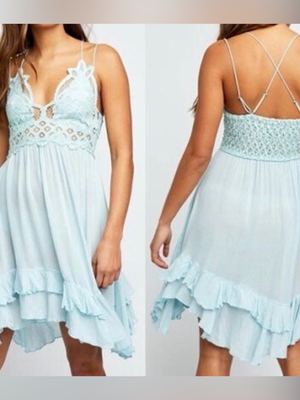 Free People Light Blue Lace-Trim Mini Dress - Picture 2 of 7